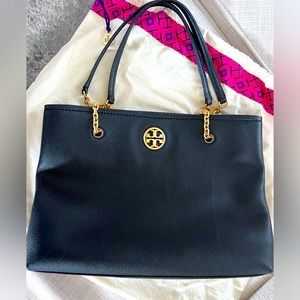 Tory Burch Classic Kira Leather Tote Black with Gold Chain Straps- like new!